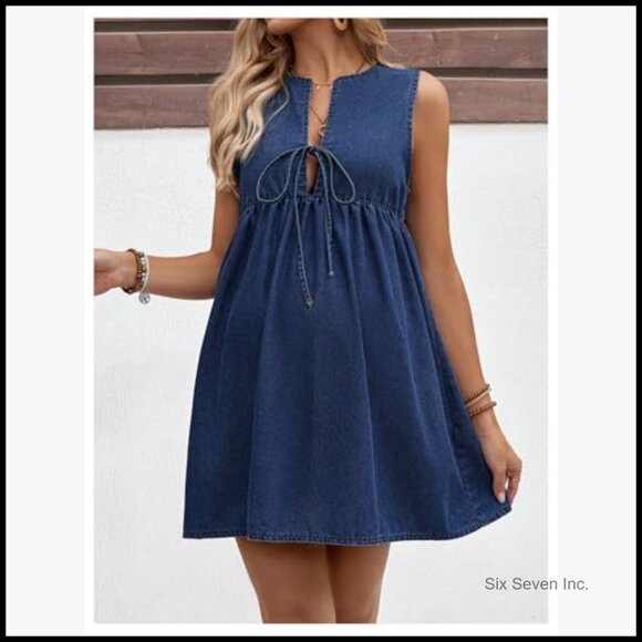 Maternity Denim Dress Sleeveless Tie Front Flowy Short Casual Sundress - Picture 5 of 5